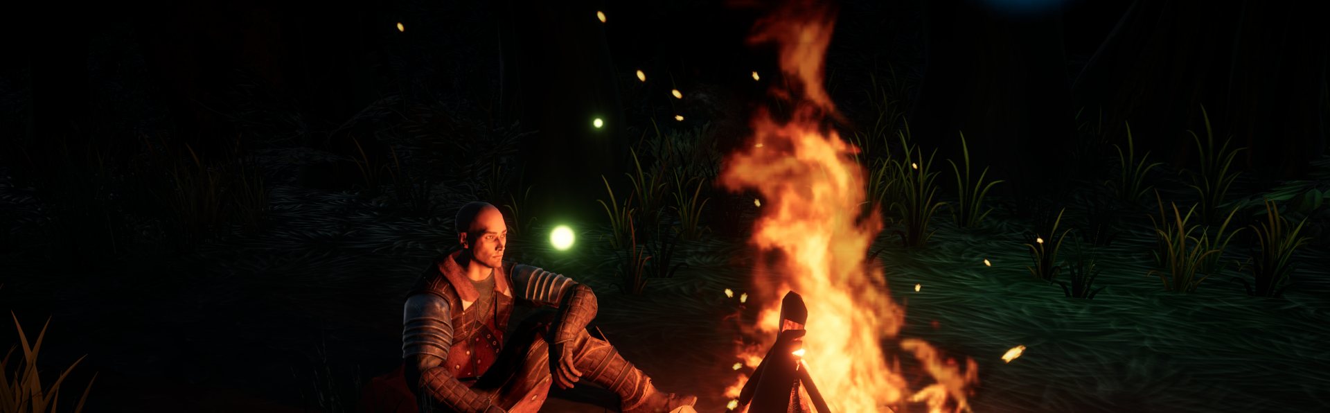 A knight resting by a campfire