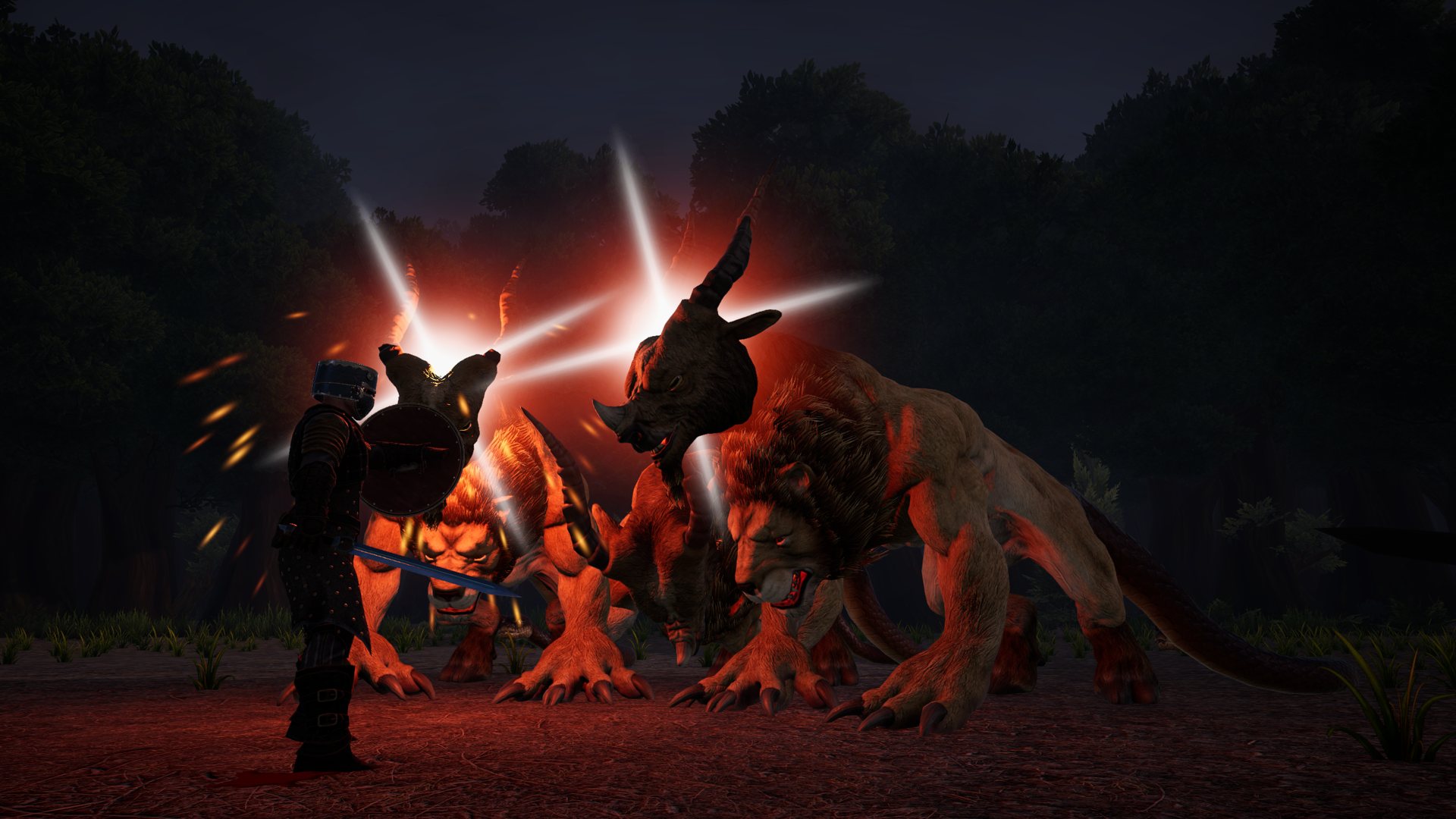 A knight facing a horned beast in the dark