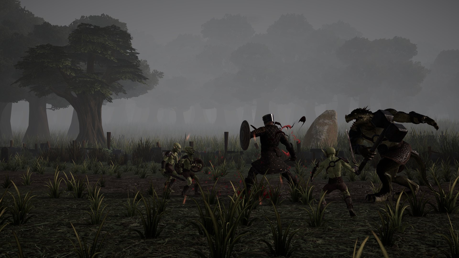 A knight surrounded by goblins and an ogre in a misty field